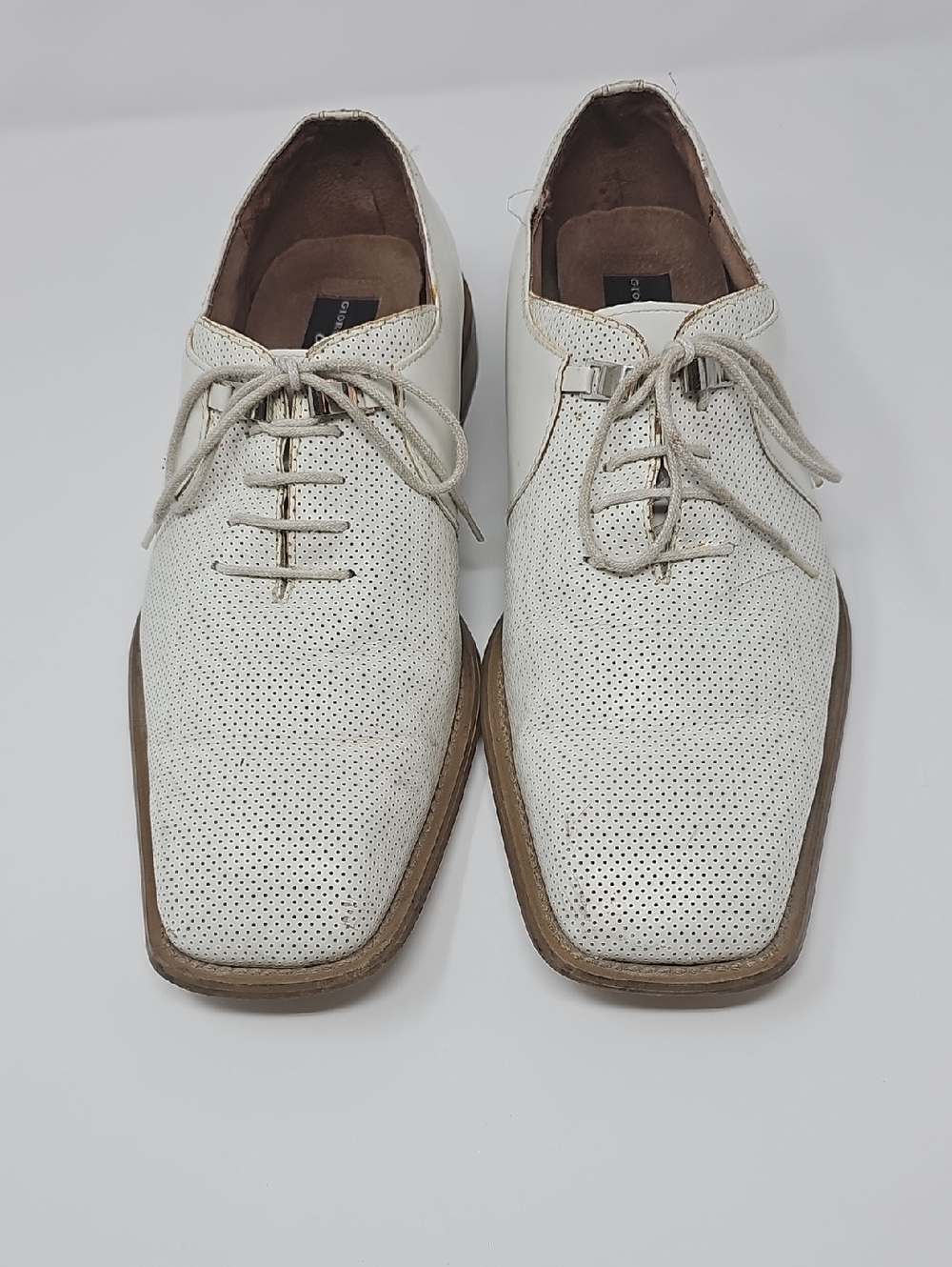 Giorgio Brutini Perforated White Leather Oxfords with Brown Trim